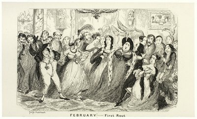 Februari - Första rutan från George Cruikshanks ståletsningar till The Comic Almanacks: 1835-1853 av George Cruikshank