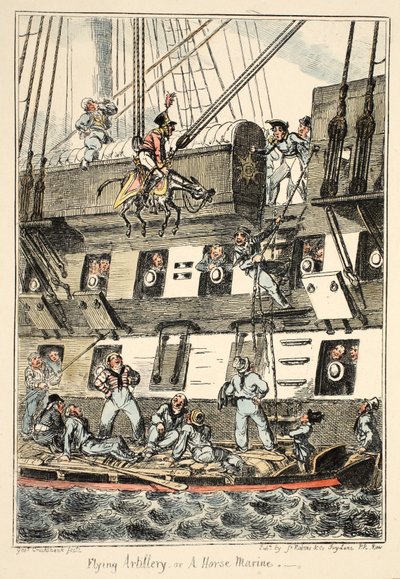 Flying Artillery or A Horse Marine, from Greenwich Hospital, a Series of Naval Sketches, Descriptive of a Life of a Man-of-Wars Man, pub. 1826 (handkolorerat gravyr) av George Cruikshank
