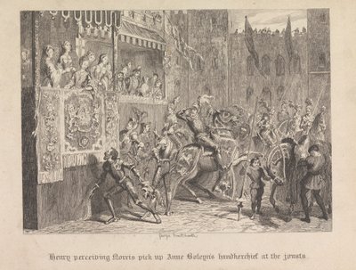 Henry uppfattar Norris plocka upp Anne Boleyns näsduk vid tornerspelen av George Cruikshank