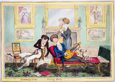 Humming-birds, eller en Dandy Trio, pub. 1819 (handkolorerad gravyr) av George Cruikshank
