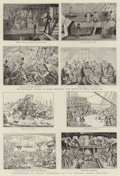 Humoristisk konst på Royal Naval Exhibition av George Cruikshank