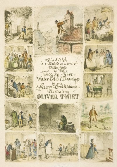 Illustration till titelsidan "Oliver Twist" av George Cruikshank
