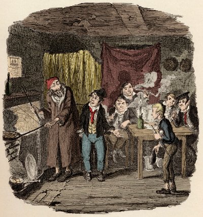 I London, Jack Dawkins Called the Fox presenterar Oliver för Fagin och hans team av malfrats - Oliver presenteras för den respektable gamle gentlemannen - Illustration för "Oliver Twist" (Olivier) (The Adventures of Oliver Twist) av Charles Dickens (1812-1 av George Cruikshank