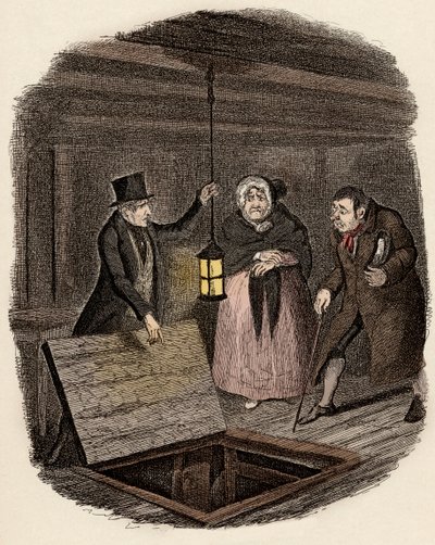I närvaro av Monsieur Bumble och Madame Corney försvinner munkar Oliver Twists medaljong - Bevisen förstördes - Illustration till "Oliver Twist" (Oliver) (The Adventures of Oliver Twist) av Charles Dickens (1812-1870), av George Cruikshank ( av George Cruikshank