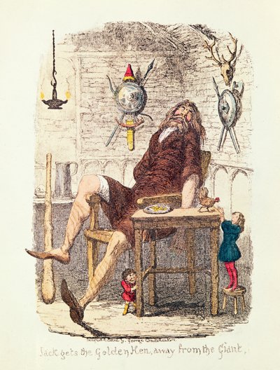 Jack får den gyllene hönan bort från jätten (färg litho) av George Cruikshank