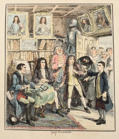 Jack Sheppard anklagar Thames Darrell för stölden, illustration från Jack Sheppard: A Romance av William Harrison Ainsworth, publicerad 1839 (handfärgad etsning) av George Cruikshank