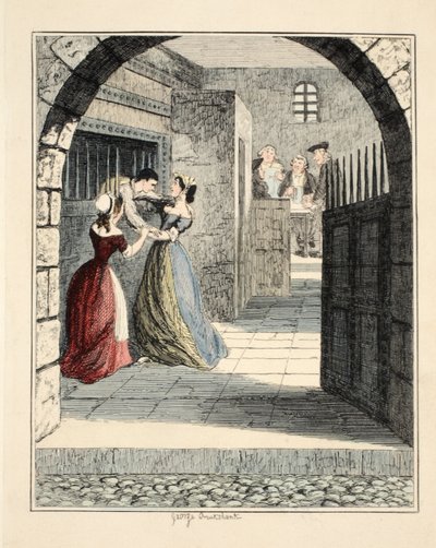 Jack Sheppard flyr från det dömda lastrummet i Newgate, illustration från Jack Sheppard: A Romance av William Harrison Ainsworth, pub. 1839 (handfärgad gravyr) av George Cruikshank