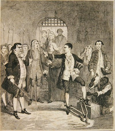 Jack Sheppards järn slog av i Stone Hall i Newgate, illustration från "Jack Sheppard: A Romance" av William Harrison Ainsworth, publicerad 1839 (etsning) av George Cruikshank
