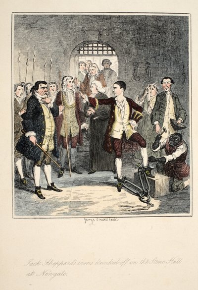 Jack Sheppards järn som slogs av i Stone Hall i Newgate, illustration från Jack Sheppard: A Romance av William Harrison Ainsworth, publicerad 1839 (handfärgad etsning) av George Cruikshank