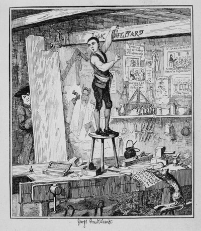 Jack ristar in sitt namn på en balk i sin tidigare arbetsgivares butik, illustration från "Jack Sheppard: A Romance" av William Harrison Ainsworth, publicerad 1839 av George Cruikshank