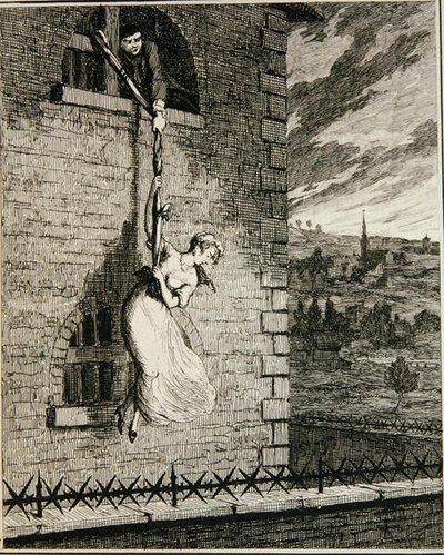 Jack på flykt från Newgate Ward med sin fru Elizabeth Lyon, illustration från "Jack Sheppard: A Romance" av William Harrison Ainsworth, publicerad 1839 (etsning). av George Cruikshank