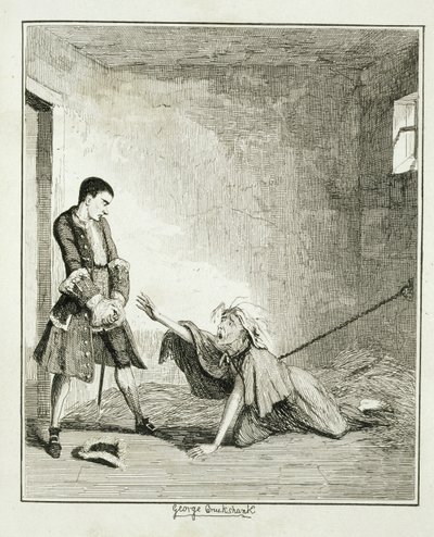Jack besöker sin mamma på Bethlehem Hospital, London, illustration från "Jack Sheppard: A Romance" av William Harrison Ainsworth, publicerad 1839 av George Cruikshank