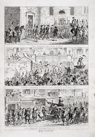 Jacks resa från Newgate till Tyburn, illustration från "Jack Sheppard: A Romance" av William Harrison Ainsworth, publicerad 1839 av George Cruikshank