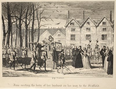 Jane möter kroppen av sin man på väg till byggnadsställningen, från puben The Tower of London. 1840 av George Cruikshank