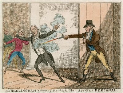 John Bellingham mördar den högt ärade Spencer Perceval i underhusets lobby av George Cruikshank