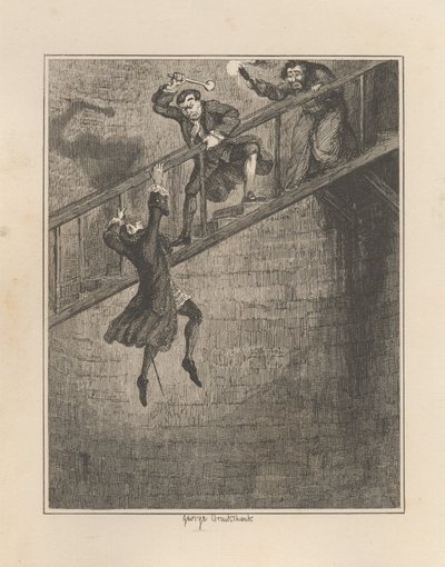 Jonathan Wild kastar Sir Rowland Trenchard ner i brunnsschaktet av George Cruikshank