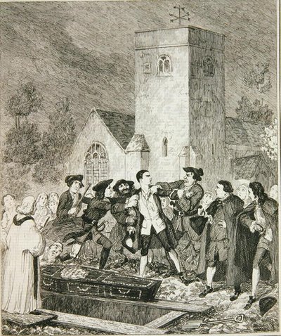 Jonathan Wild griper Jack vid sin mors begravning på Willesden Churchyard, illustration från "Jack Sheppard: A Romance" av William Harrison Ainsworth, publicerad 1839 (etsning) av George Cruikshank