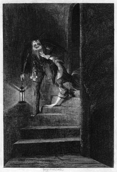 Lawrence Nightgall släpar Cicely nerför den hemliga trappan i Salt Tower, 1840 av George Cruikshank