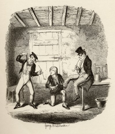 Master Bates förklarar en professionell teknisk detalj, från "The Adventures of Oliver Twist" av Charles Dickens (1812-70) 1838, publicerad av Chapman und Hall, 1901 av George Cruikshank