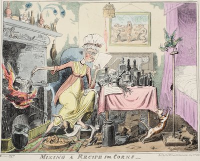 Mixing A Recipe for Corns, pub. 1835 (handfärgad gravyr) av George Cruikshank