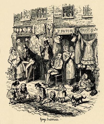 Monmouth Street, Soho, en illustration av G. Cruikshank för Dickens Sketches av Boz. , 1938 av George Cruikshank