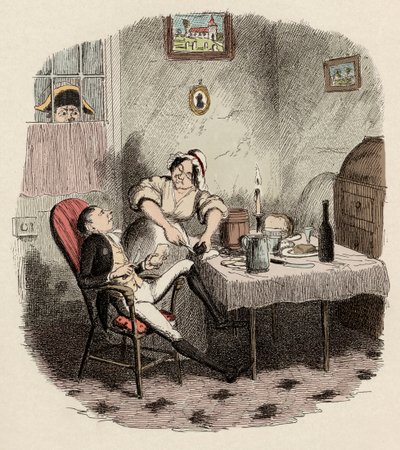 Monsieur Bumble observerar Noe Claypole och Charlotte - Mr Claypole när han dök upp när hans herre var ute - Illustration för "" Oliver Twist"" (Olivier) (The Adventures of Oliver Twist) av Charles Dickens (1812-1870), av George Cruikshank ( 1792-1878). av George Cruikshank