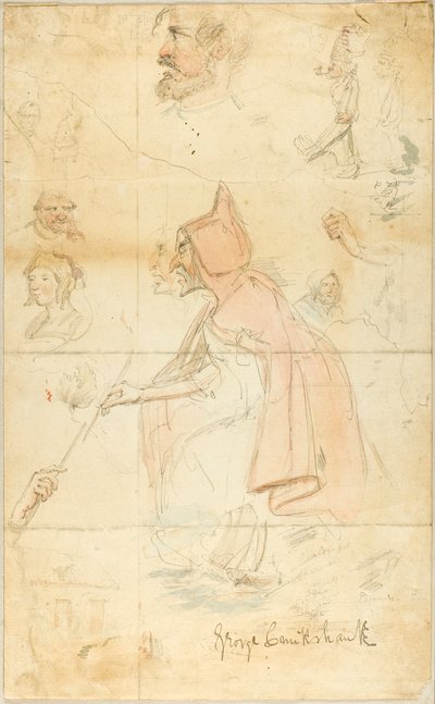 Moder Shipton (rekto); Skissblad: Fleur-de-Lis och figurer (verso) av George Cruikshank