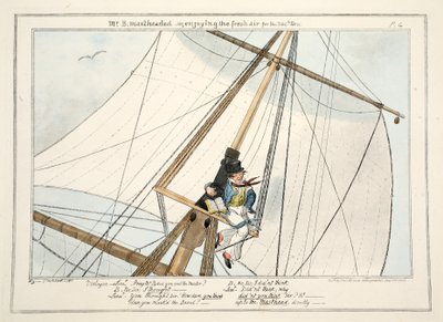 Mr. B. Mastheaded - eller, njuter av den friska luften för 304:e gången, från The Progress of a Midshipman, 1835 (handfärgad gravyr) av George Cruikshank