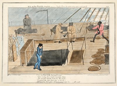 Mr. B på mittklockan - kallt blåser vinden och regnet kommer, från The Progress of a Midshipman, pub.1835 (handfärgad gravyr) av George Cruikshank