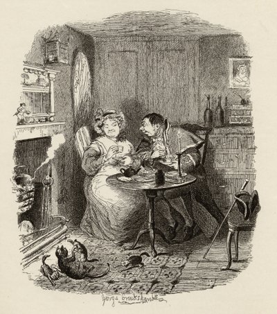 Mr Bumble och Mrs Corney dricker te, från "The Adventures of Oliver Twist" av Charles Dickens (1812-70) 1838, publicerad av Chapman und Hall, 1901 av George Cruikshank