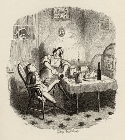 Mr Claypole som han såg ut när hans herre var ute, från "The Adventures of Oliver Twist" av Charles Dickens (1812-70) 1838, publicerad av Chapman und Hall, 1901 av George Cruikshank