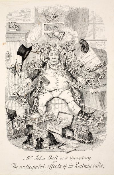 Mr John Bull i ett problem eller de förväntade effekterna av järnvägsanropen, pub. 1845 av George Cruikshank