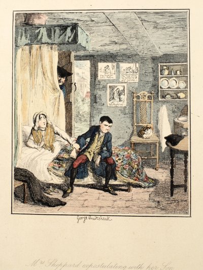 Mrs Sheppard expostulerar med sin son, illustration från Jack Sheppard: A Romance av William Harrison Ainsworth, publicerad 1839 (handfärgad etsning) av George Cruikshank