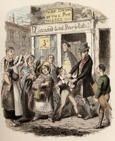Nancy och Sikes kidnappar Oliver på gatorna - Oliver hävdas av sina tillgivna vänner - Illustration för "" Oliver Twist"" (Olivier) (The Adventures of Oliver Twist) av Charles Dickens (1812-1870), av George Cruikshank (1792-1878) ) . av George Cruikshank