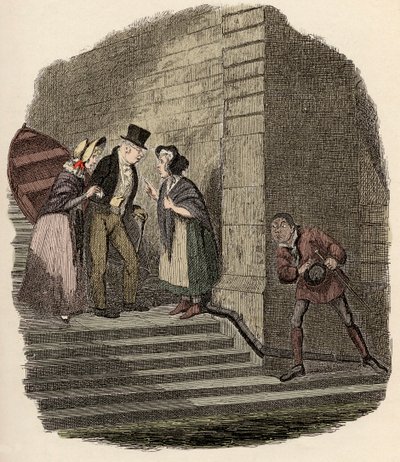 Noe Claypole spionerar på det hemliga mötet mellan Mr. Brownlow, Rose Maylie och Nancy - Mötet - Illustration för "" Oliver Twist"" (Olivier) (The Adventures of Oliver Twist) av Charles Dickens (1812-1870), av George Cruikshank (1792-1878). av George Cruikshank