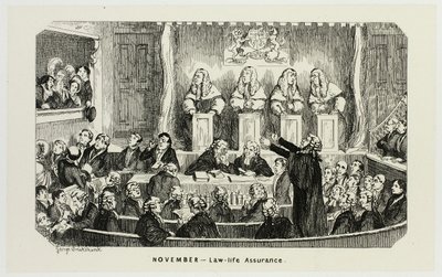 November - Law-Life Assurance från George Cruikshanks stålgravyrer till The Comic Almanacks: 1835-1853 av George Cruikshank