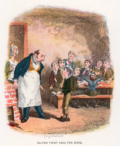 Oliver Asking for More, illustration till "Oliver Twist" av Charles Dickens av George Cruikshank