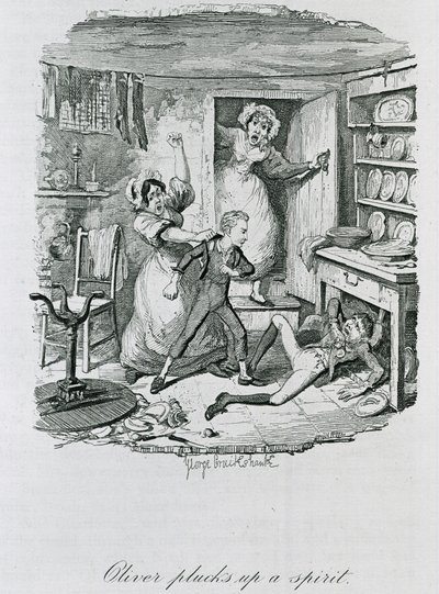 Oliver plockar upp en ande, 1837 av George Cruikshank