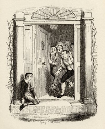 Oliver Twist vid Mrs Maylies dörr, från "The Adventures of Oliver Twist" av Charles Dickens (1812-70) 1838, publicerad av Chapman und Hall, 1901 av George Cruikshank