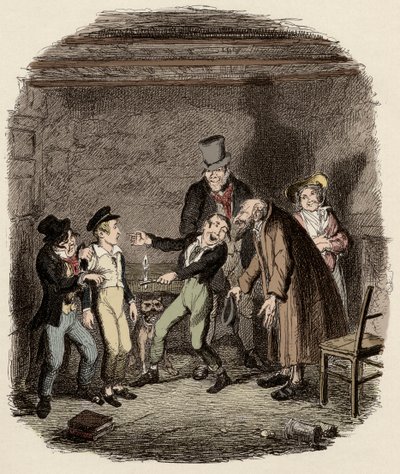Oliver Twist mottogs av gamle Fagin och hans team - Oliver mottagning av Fagin och pojkarna - Illustration för "" Oliver Twist"" (Olivier) (The Adventures of Oliver Twist) av Charles Dickens (1812-1870), av George Cruikshank (1792) -1878). av George Cruikshank