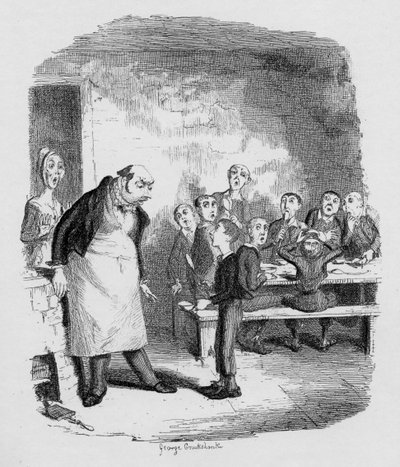 Oliver ber om mer, från "The Adventures of Oliver Twist" av Charles Dickens (1812-70) 1838, utgiven av Chapman und Hall, 1901 av George Cruikshank