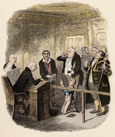 Oliver vädjade till barndomaren att inte låta honom gå i lärling vid Gamfield, skorstenen - Oliver slipper bli bunden lärling till sopningen - Illustration för Charles Dickens "Oliver Twist" (Oliver) (The Adventures of Oliver Twist) (1812-1870), förbi av George Cruikshank