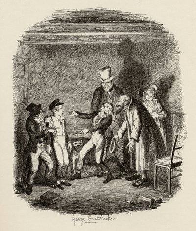 Olivers mottagning av Fagin och pojkarna, från "The Adventures of Oliver Twist" av Charles Dickens (1812-70) 1838, utgiven av Chapman und Hall, 1901 av George Cruikshank