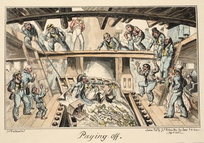Paying Off, from Greenwich Hospital, a Series of Naval Sketches, Descriptive of a Life of a Man-of-Wars Man, pub. 1826 (handkolorerat gravyr) av George Cruikshank
