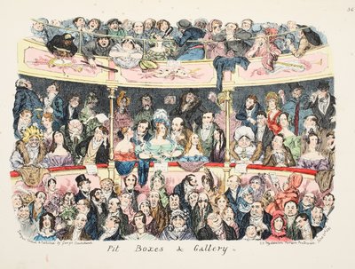 Pit Boxes och Galleri, pub. 1836 (handfärgad gravyr) av George Cruikshank