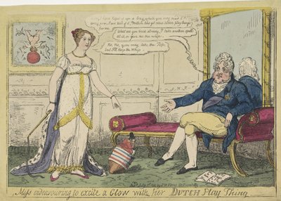 Prinsessan Charlotte lekte med sin holländska snurra, 1814 Fröken strävar efter att väcka en Glow med sin holländska leksak (titel på objekt) av George Cruikshank