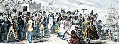 Sannolika effekter av den kvinnliga emigrationen handkolorerad etsning av George Cruikshank