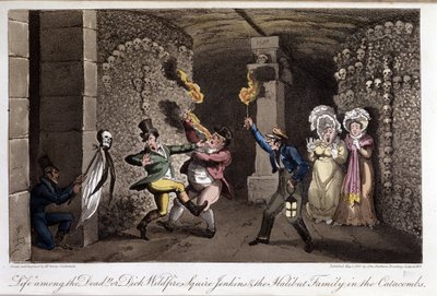 Promenade dans les catacombes - i "" Life in Paris"" av David Carey, ill. av George Cruikshank, red. Fairburn, London av George Cruikshank