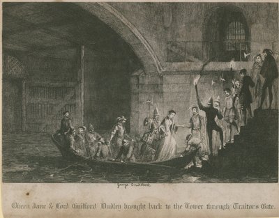 Drottning Jane och lord Guilford Dudley fördes tillbaka till Towern genom Traitors Gate av George Cruikshank