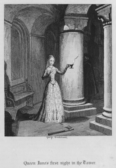Drottning Janes första natt i tornet (gravyr) av George Cruikshank